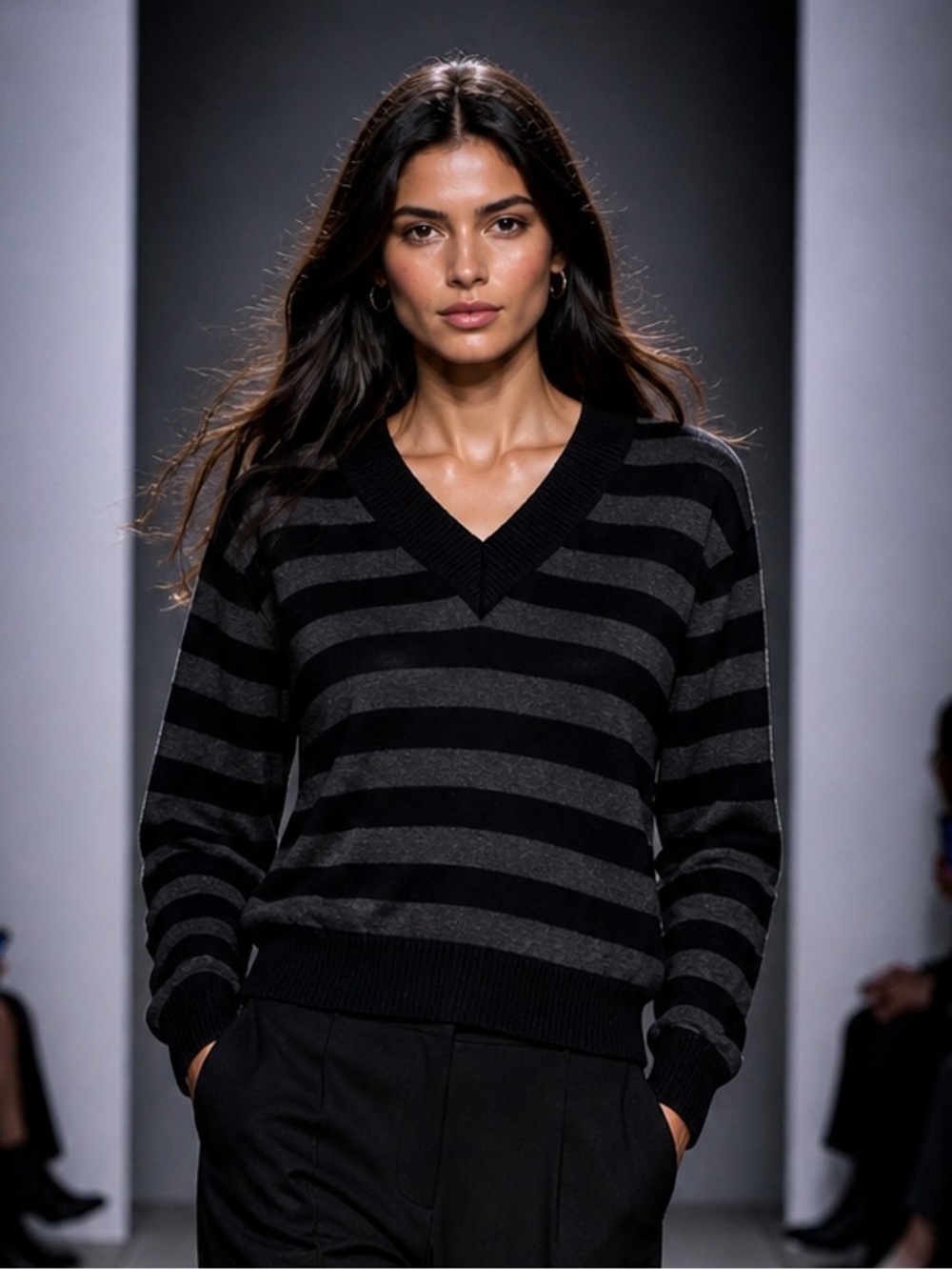 Black & Gray Striped V-Neck Sweater | Chic Fitted Knit | Size S